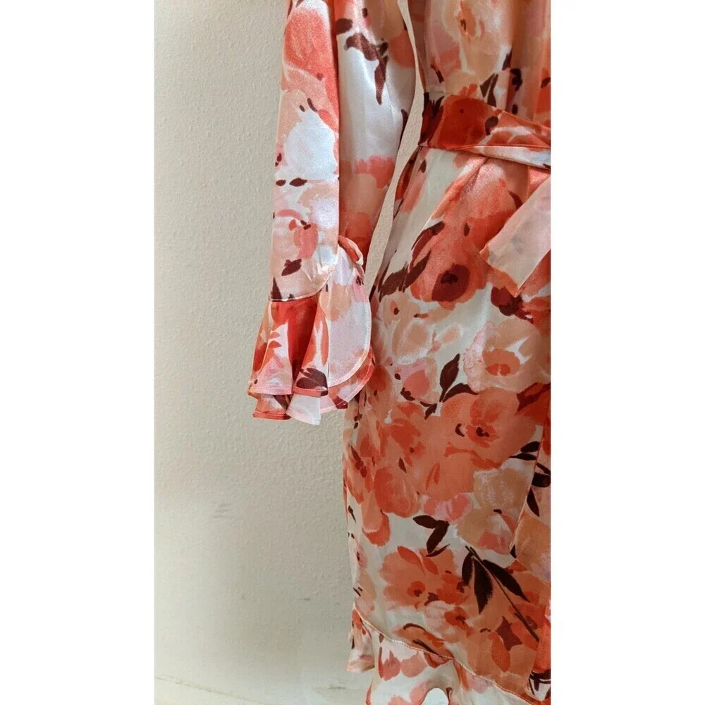 Women's Oscar de la Renta Pink Label Floral Print Ruffle Trim Robe LG